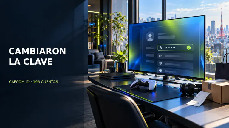 Escritorio de videojuegos en Tokio con una cuenta digital en pantalla y una compra de tienda, contexto del incidente CAPCOM ID
