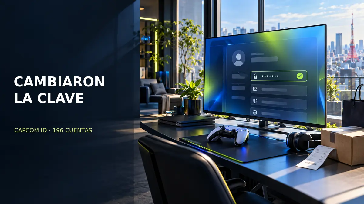 Escritorio de videojuegos en Tokio con una cuenta digital en pantalla y una compra de tienda, contexto del incidente CAPCOM ID