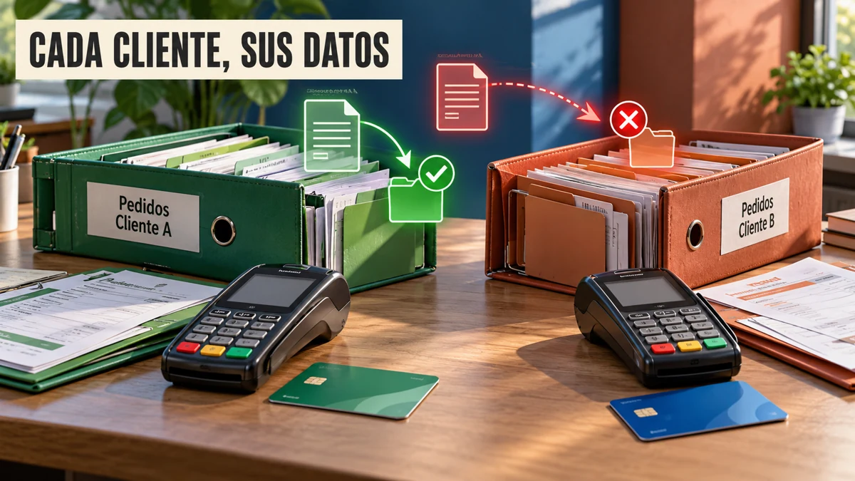 Dos conjuntos separados de pedidos de clientes; una consulta propia permitida y un acceso cruzado bloqueado.