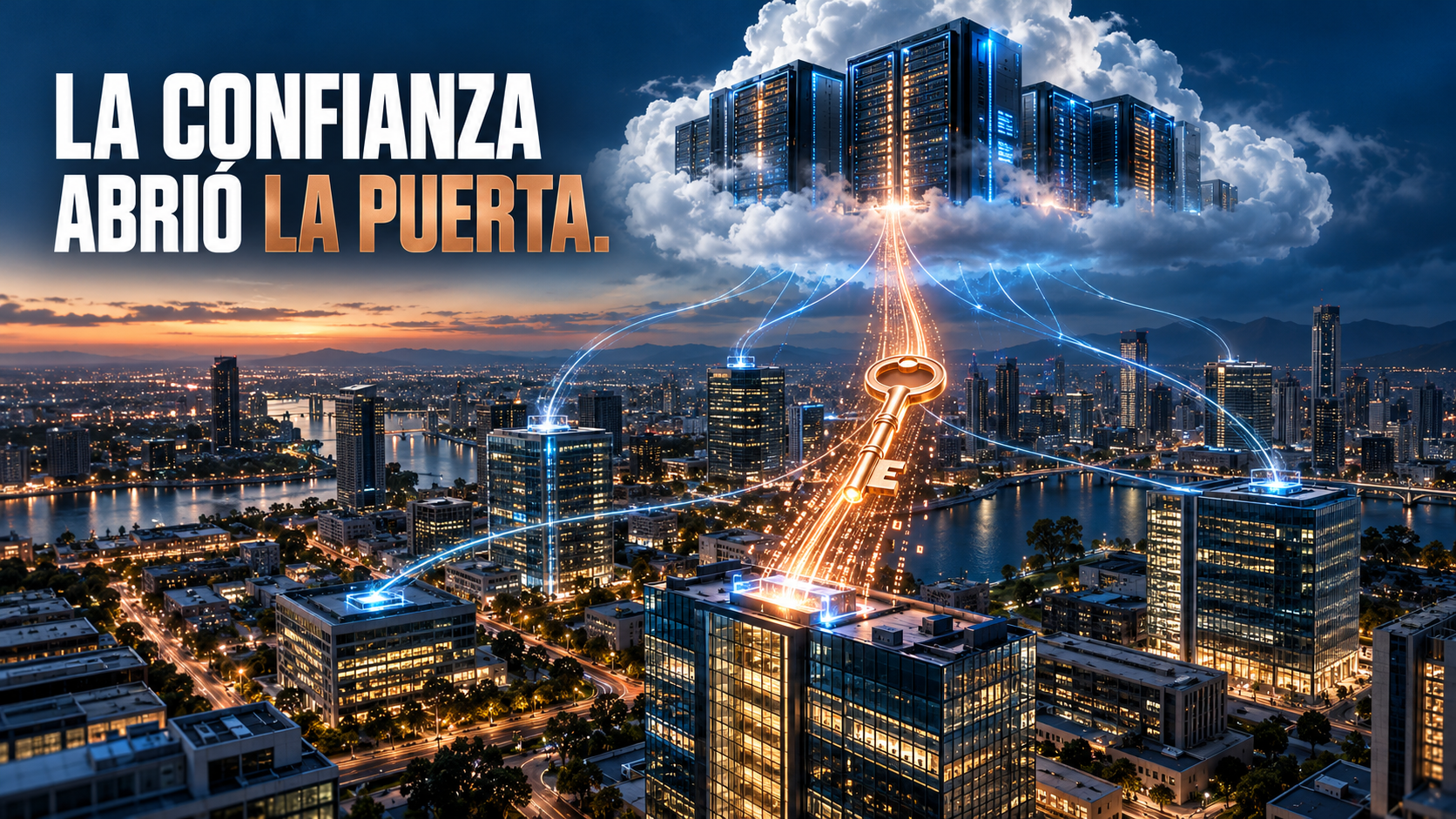 Aplicación cloud central conectada a múltiples organizaciones mientras un equipo investiga accesos residuales