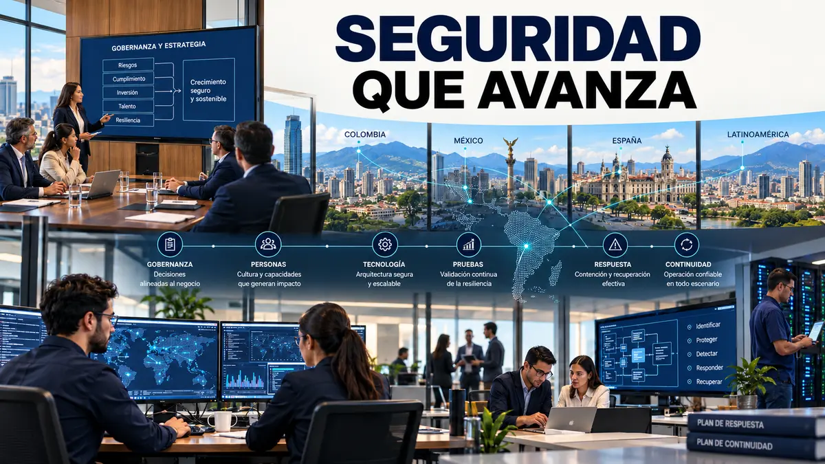 Portada editorial SEGURIDAD QUE AVANZA sobre empresa de ciberseguridad integral: cómo elegir un aliado que convierta riesgo en avance.
