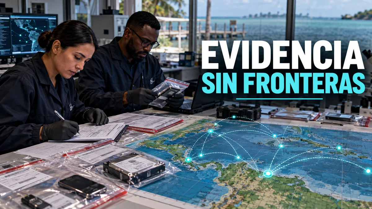 Portada editorial «EVIDENCIA SIN FRONTERAS»: un delito digital cruza fronteras: cómo cuidar la evidencia.