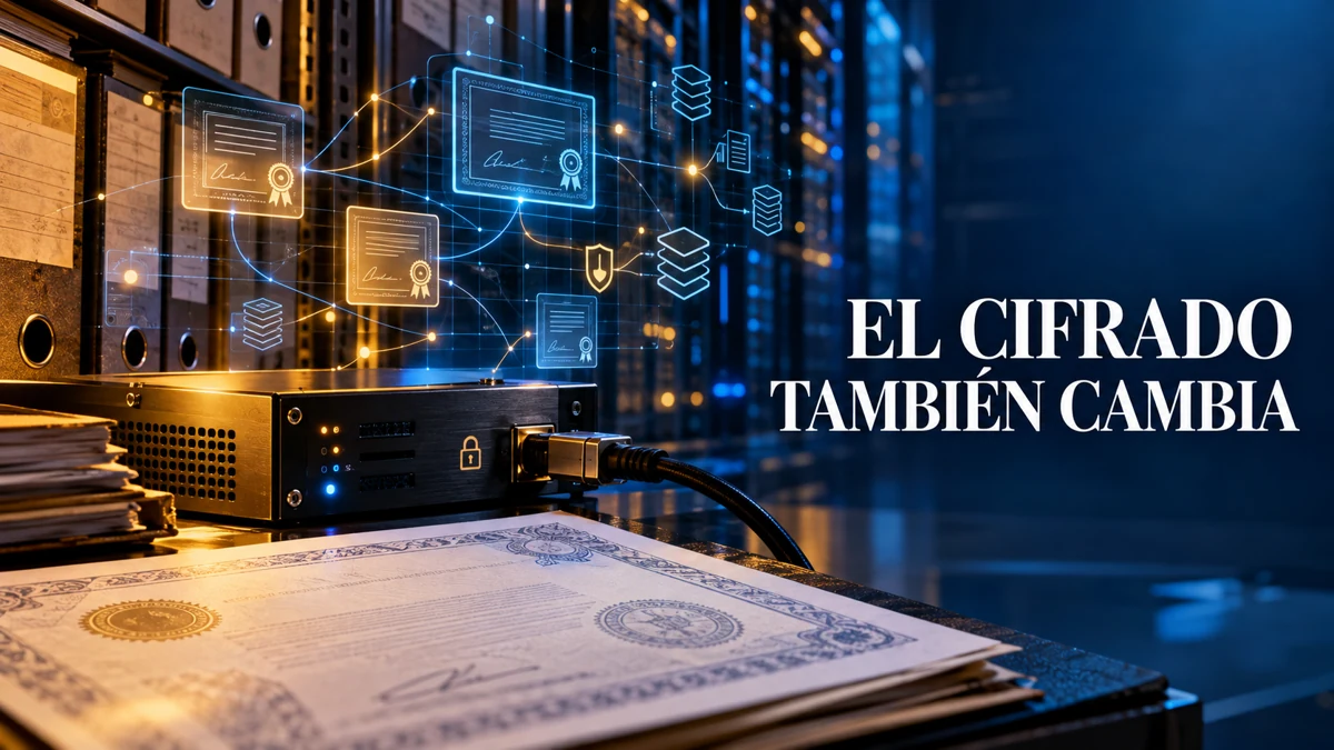 Archivo de documentos y equipo criptográfico conectados con certificados y dependencias, sin personas.