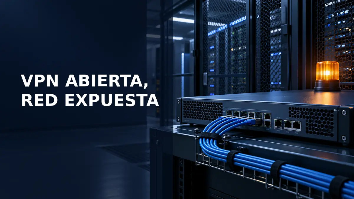 Equipo de acceso remoto empresarial aislado en una sala técnica con alerta de seguridad
