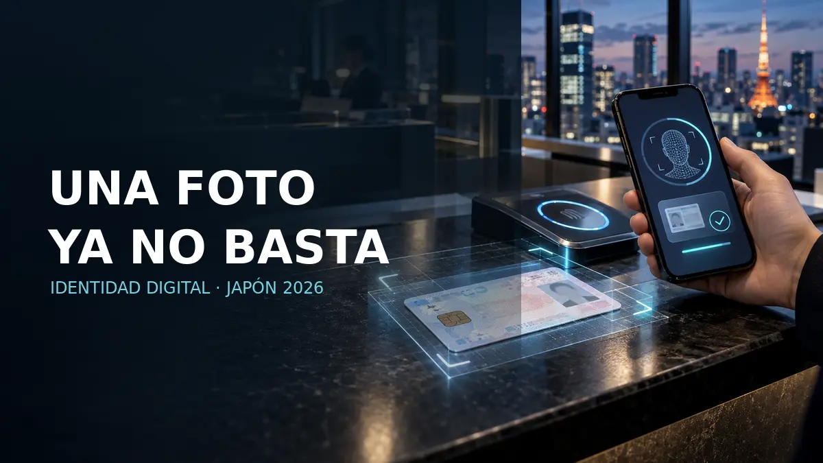 Documento de identidad y teléfono verificados mediante un lector de chip en una oficina de Tokio