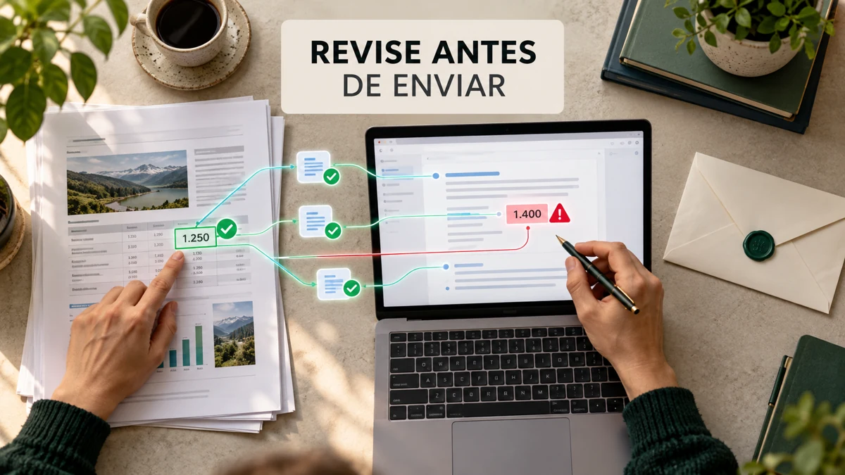 Vista cenital de una persona comparando un borrador de IA con documentos fuente antes de enviar una respuesta.