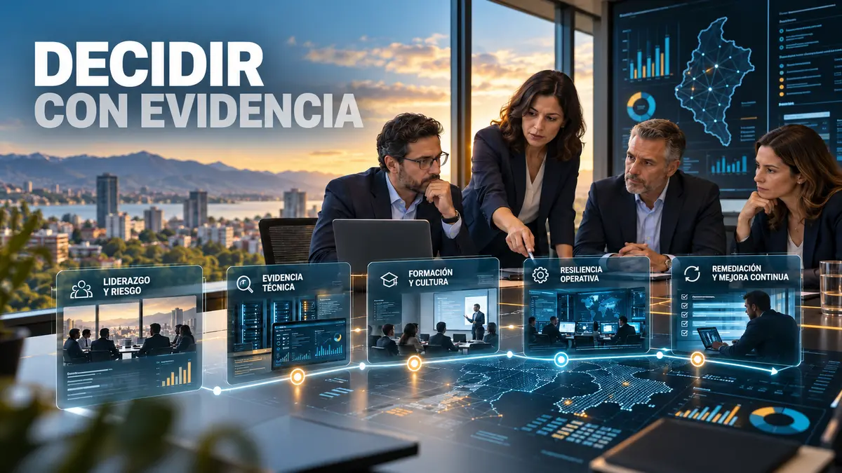 Portada editorial DECIDIR CON EVIDENCIA sobre ciberseguridad para empresas: cómo pasar de alertas dispersas a una hoja de ruta verificable.